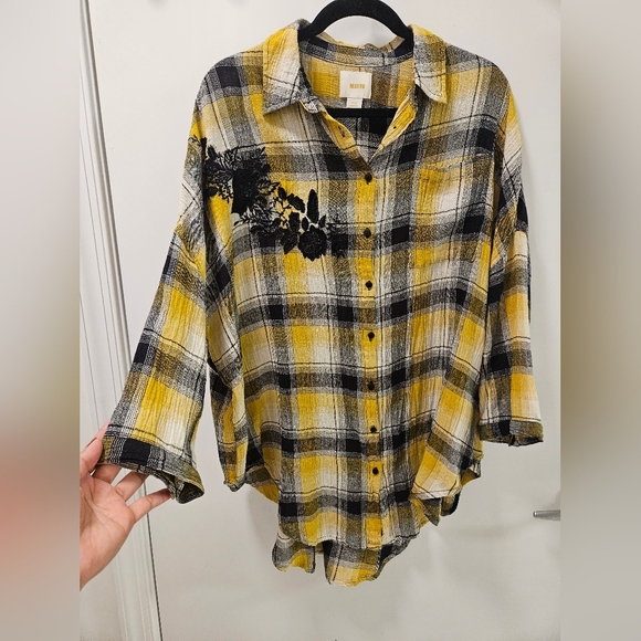 Anthropologie Maeve Embroidered Plaid Buttondown Oversized Tunic Shirt Size XS/S - Picture 8 of 13